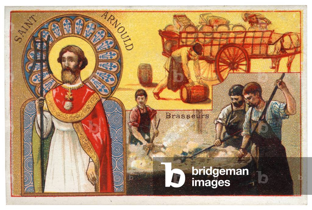 Représentation de Saint Arnould (Arnoul de Metz), saint patron des brasseurs lorraine (582-640). Chromolithographie du 19ème siècle ; Collection privée ; Fototeca Gilardi.