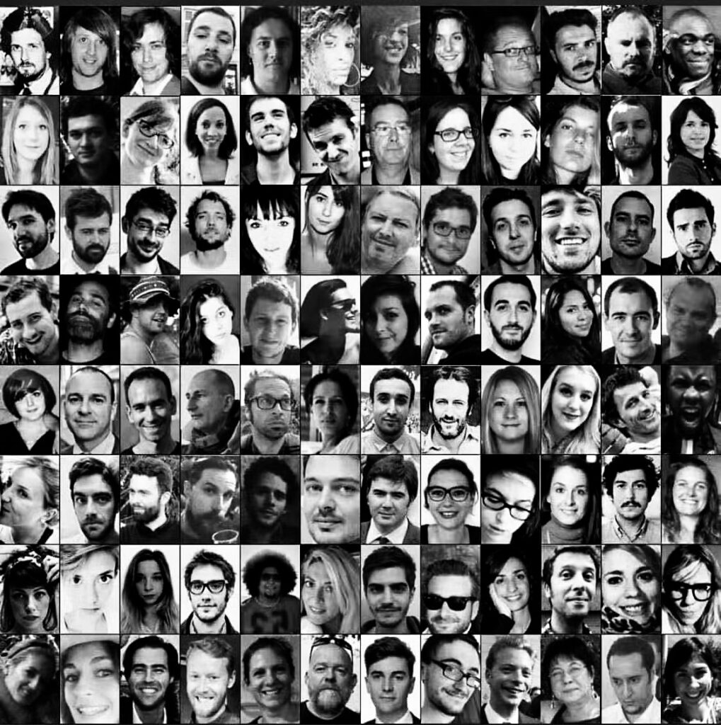 Mosaïque de visages flous en noir.