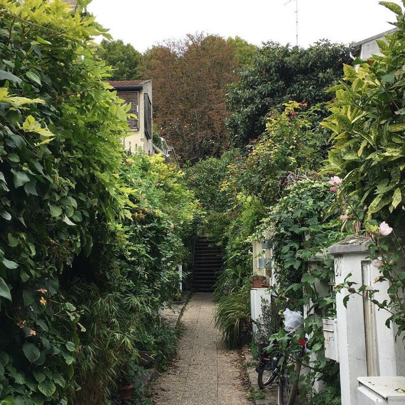 Allée verdoyante entre des maisons, un terrain de jeu pour la chasse au trésor de Résous-Moi.