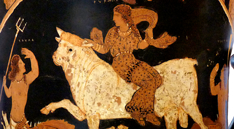 L’enlèvement d’Europe, cratère à figures rouges signé par Astéas, env. 350 av. J.-C., Musée archéologique national de Paestum (Italie). © A. Collognat