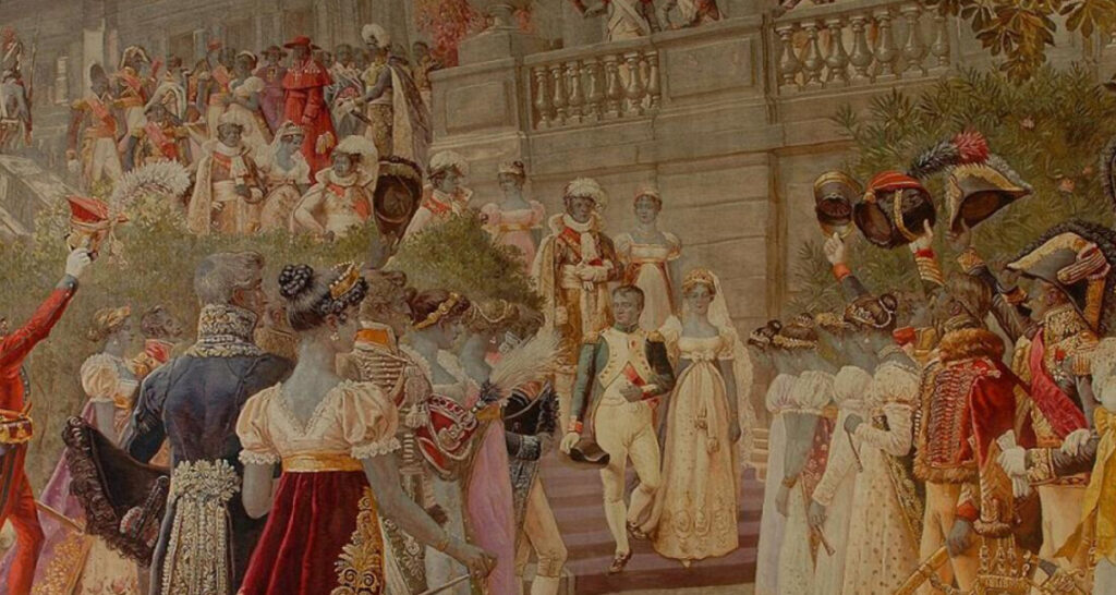 Arrivée de Napoléon et Marie-Louise à Compiègne. Une tapisserie basée sur un dessin de Maurice Henri Orange.