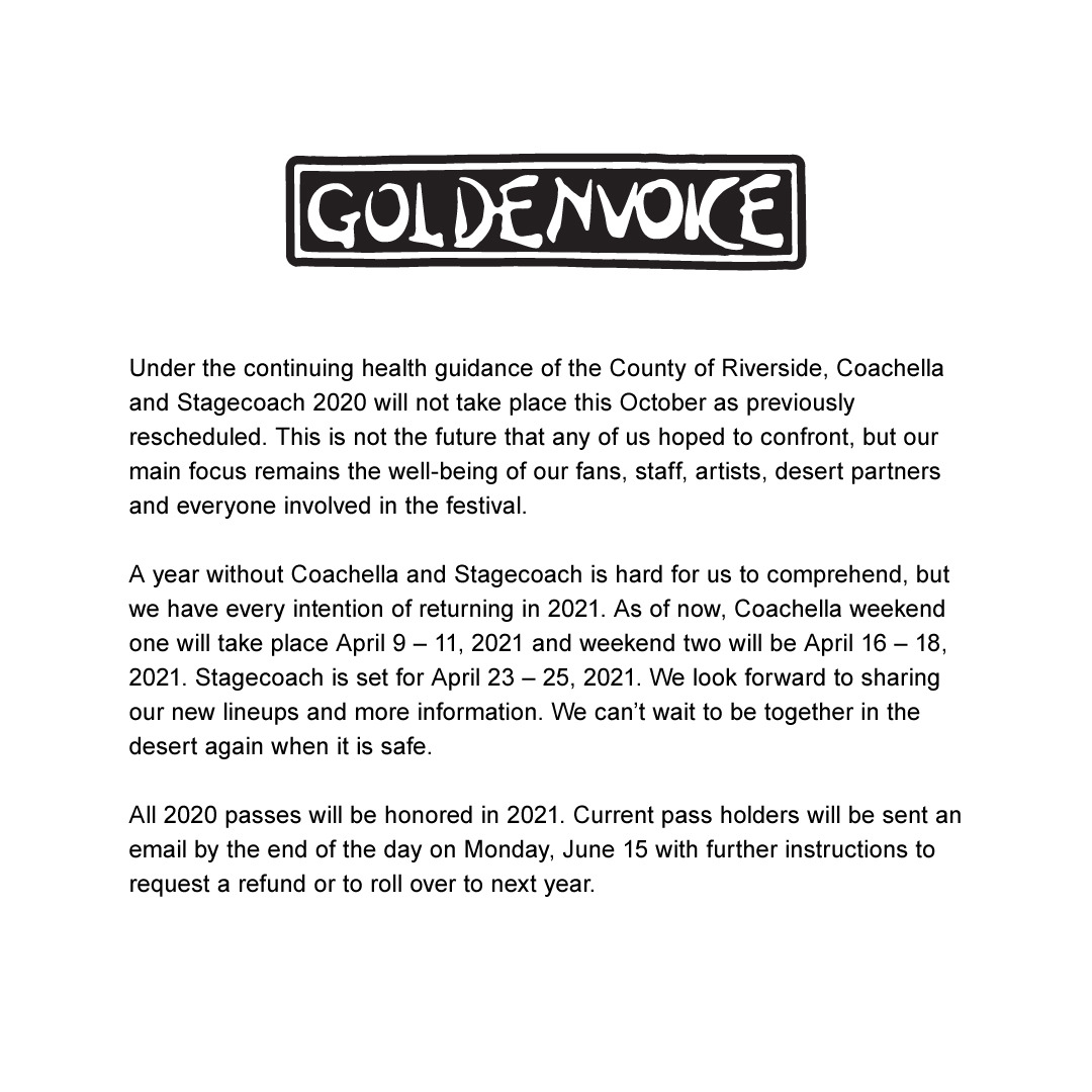 Coachella 2020- communiqué de presse annonçant l'annulation du festival