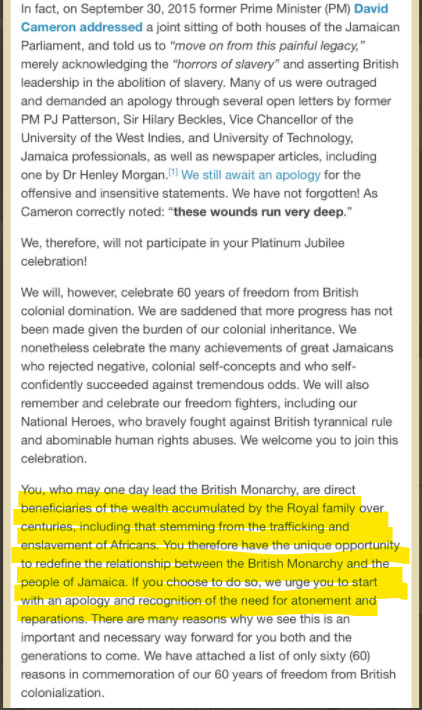 Le courrier des Jamaïquains adressé au Prince William sur leur refus de célébrer le jubilé de la reine et rappel des atrocités que cette dernière a laissé commettre - partie 2
