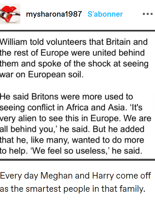 Réactions suite aux propos du prince William sur l'absence de guerre en Europe
