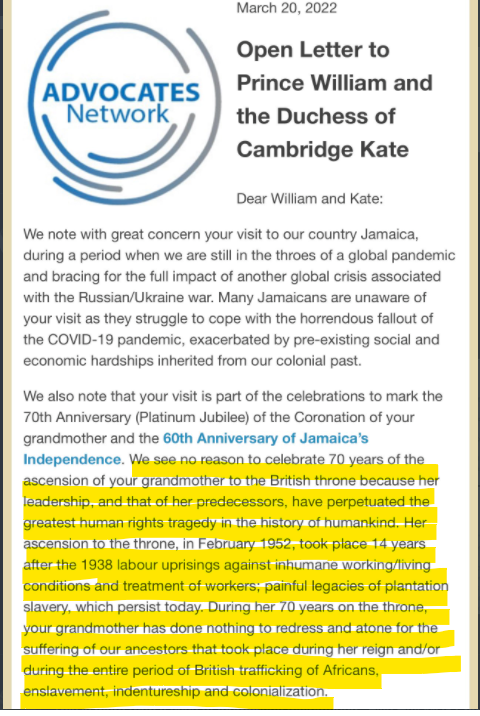 Le courrier des Jamaïquains adressé au Prince William sur leur refus de célébrer le jubilé de la reine et rappel des atrocités que cette dernière a laissé commettre - partie 2