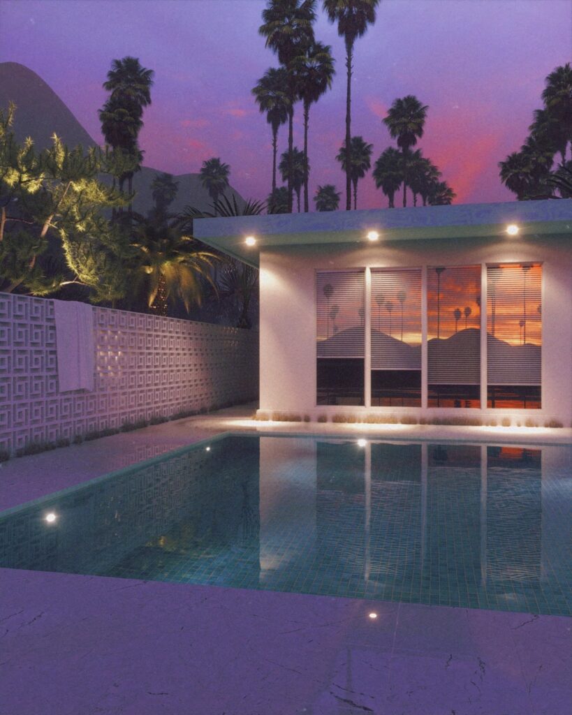 Palm Springs architecture rétro, piscine au coucher du soleil