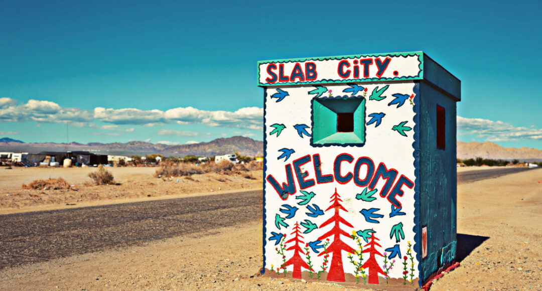Slab city welcome sign in the desert