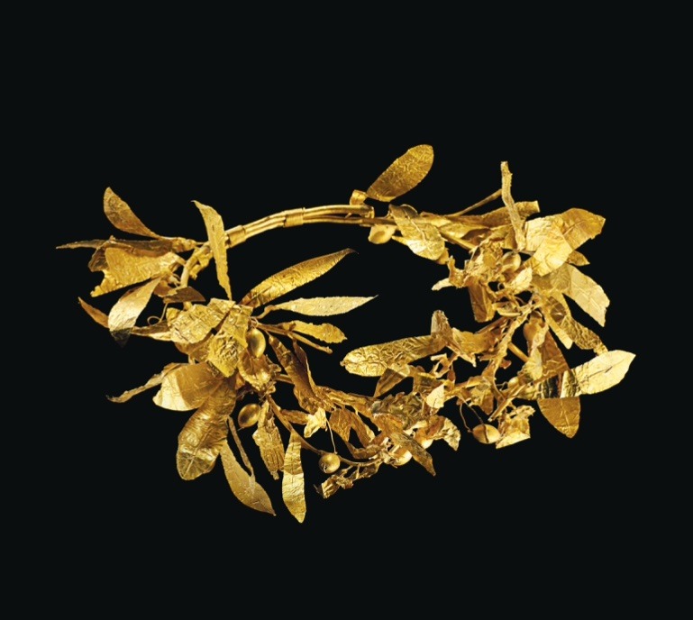 COURONNE D'OLIVIER EN OR GRECQUE
DE LA FIN DE LA PÉRIODE CLASSIQUE AU DÉBUT DE LA PÉRIODE HELLÉNISTIQUE, VERS LE 4E SIÈCLE AVANT J.-C.