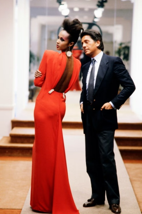 Valentino and Iman at Valentino Fall 1984 Couture Collection.